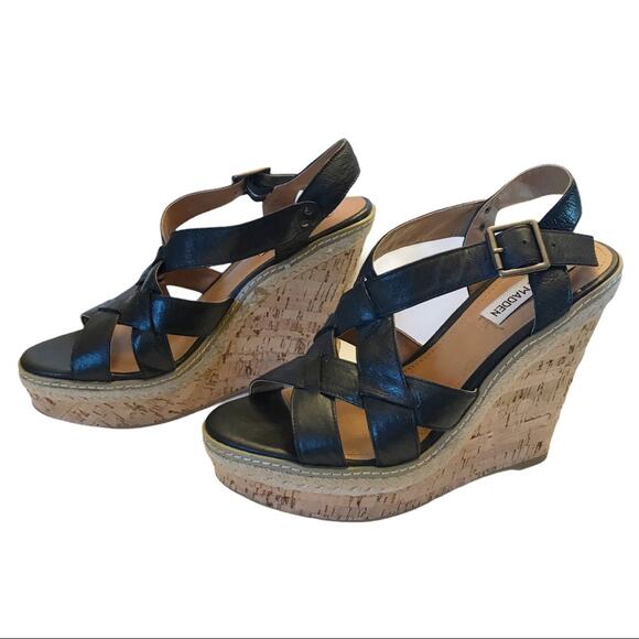 Steve Madden P. Malena Black Leather Wedge 9 Sandals - Picture 2 of 6